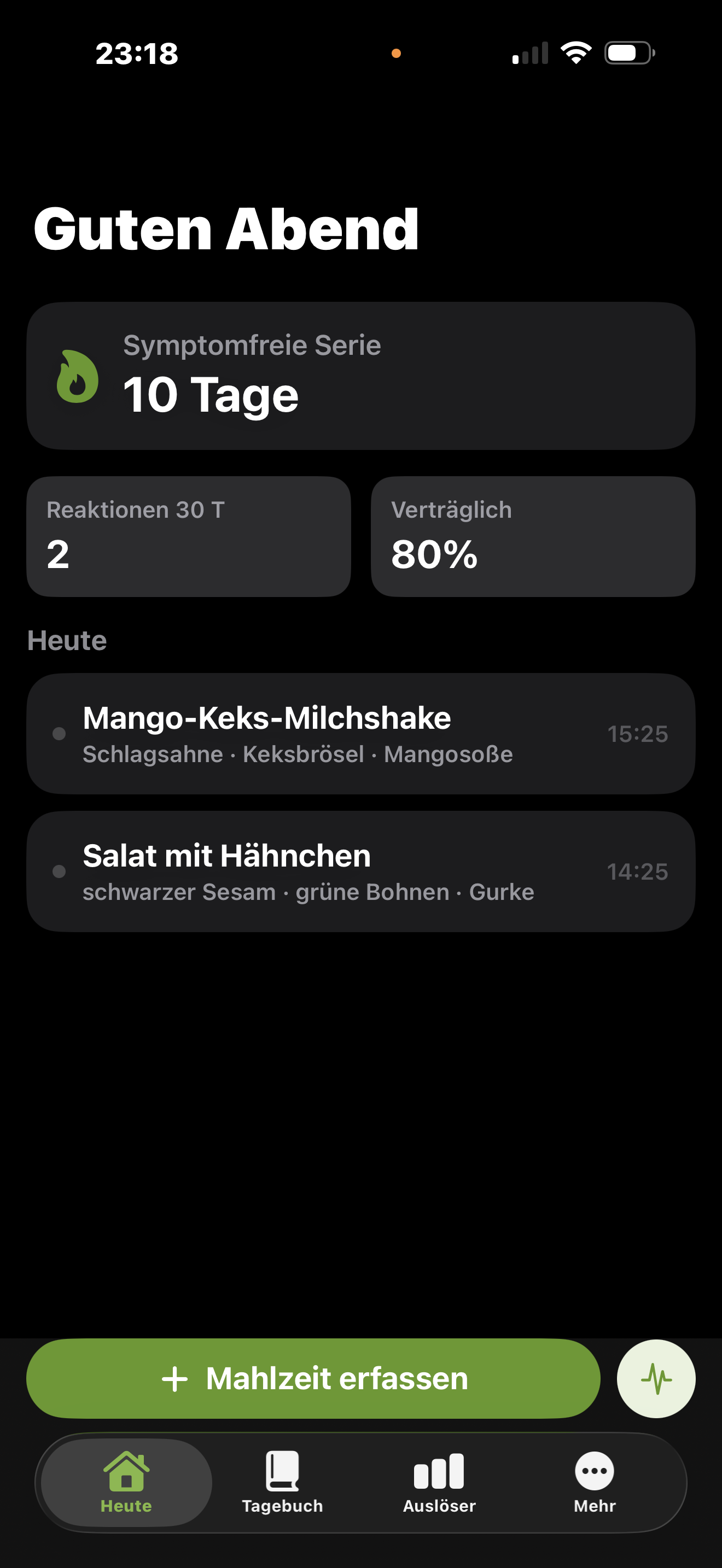 Heute-Ansicht von Bauchgefühl: symptomfreie Serie von 10 Tagen, 80 % verträglich und die heutigen Mahlzeiten.