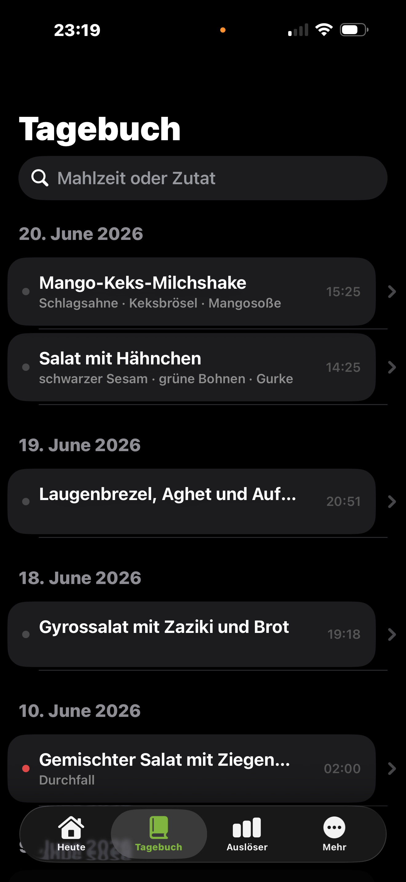 Tagebuch-Ansicht: nach Datum gruppierte Mahlzeiten mit Suchfeld.